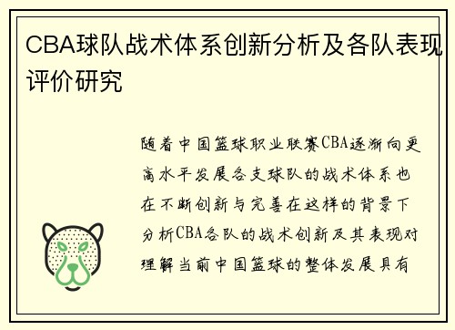 CBA球队战术体系创新分析及各队表现评价研究